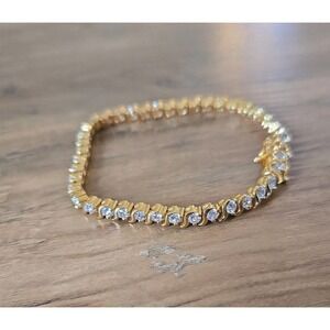 Simulated Diamond S-Link Gold-Tone Tennis Bracelet Hidden Safety Clasp 7"